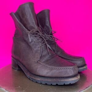 Brown Leather Moc Toe Hiking Lug Sole Paper Bag Collar Lace-Up Ankle Boot US 5.5